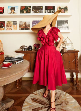 法式重工压褶设计成人礼升学宴红色小礼服连衣裙高腰显瘦70068