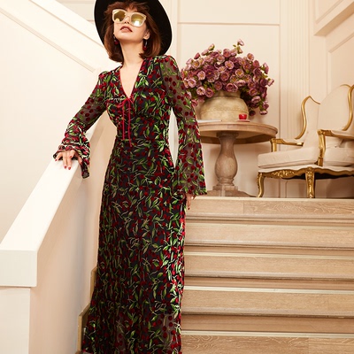 法式风情浪漫复古长袖车厘子收腰连衣裙碎花提花植绒长裙女72315