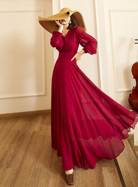 法式浪漫紫色高腰大摆度假裙飘逸V领长裙优雅气质连衣裙72060