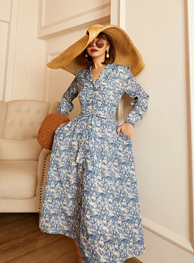 高腰连衣裙轻职风立领中长款显瘦法式春季长裙裙子优雅印花71989