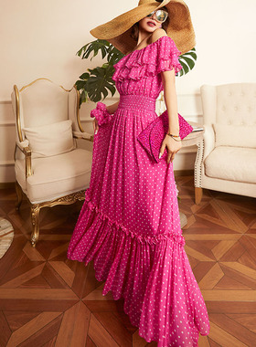 夏季新款法式度假裙一字肩荷叶边长款大摆连衣裙 70523