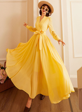 法式静奢浅春黄色高级感重工排褶复古显瘦大裙摆连衣裙70688