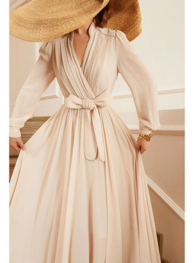 法式轻奢定制优雅高腰显瘦大摆长款杏色连衣裙70688