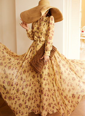 法式静奢高级感重工排褶印花高腰显瘦大摆连衣裙长裙70688