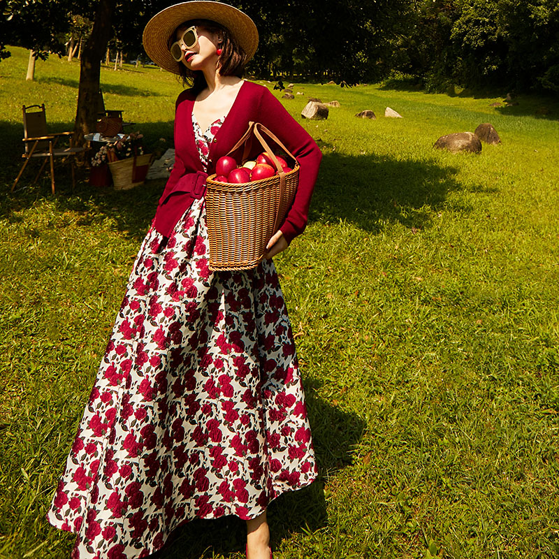 法式A字裙玫瑰花拉链腰带口袋