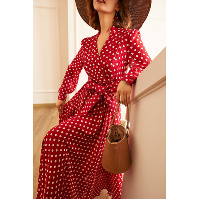 红色波点印花重工排褶长款法式