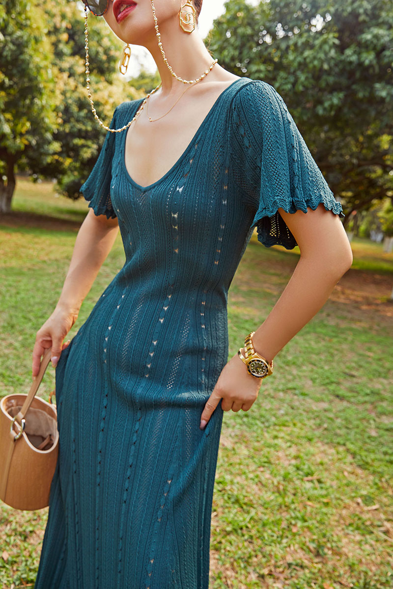 pussycat猫咪复古绿色连衣裙两件套夏季新款法式修身显瘦包臀女士