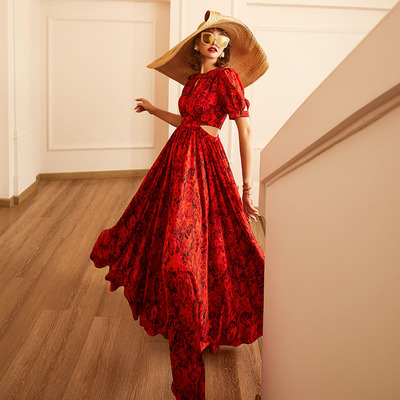 法式连衣裙大摆裙印花拉链缕空