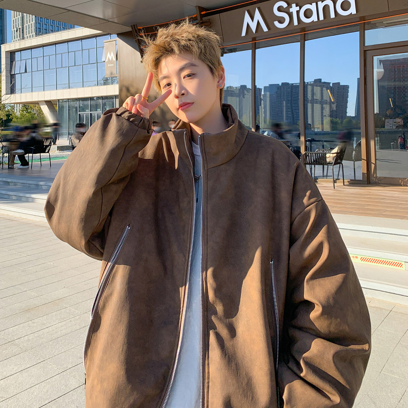 港风羊羔绒新款上市加厚PU皮复古做旧双侧金属廓形夹克式加棉男