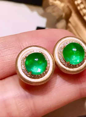 18K金镶嵌高品质素面糖豆小灯泡祖母绿耳钉 主石2.9ct 鲜绿透亮