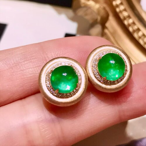 18K金镶嵌高品质素面糖豆小灯泡祖母绿耳钉 主石2.9ct 鲜绿透亮