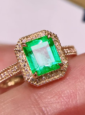 18K金钻石镶嵌 哥伦比亚祖母绿戒指 复古老钱风vivid green鲜绿色