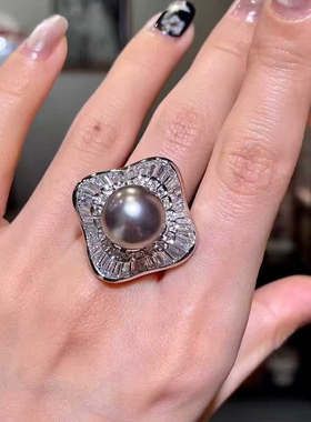 天然海水12.5mm大溪地黑珍珠戒指 PT900铂金钻石镶嵌 豪华大气