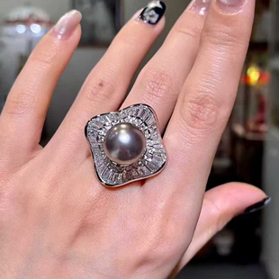 天然海水12.5mm大溪地黑珍珠戒指 PT900铂金钻石镶嵌 豪华大气