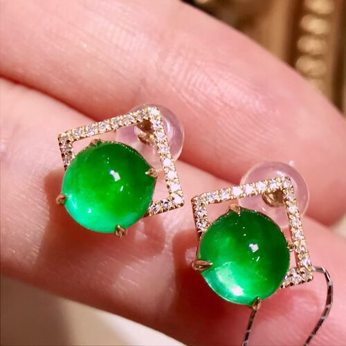 18K金钻石镶嵌高品质素面祖母绿耳钉 主石2.5ct 鲜绿透亮 荧光好
