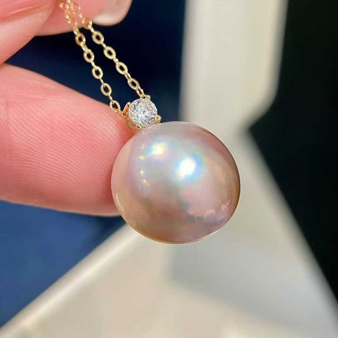 天然海水13-14mm马贝珍珠吊坠 渐变紫粉色 皮光滑亮伴彩丰富