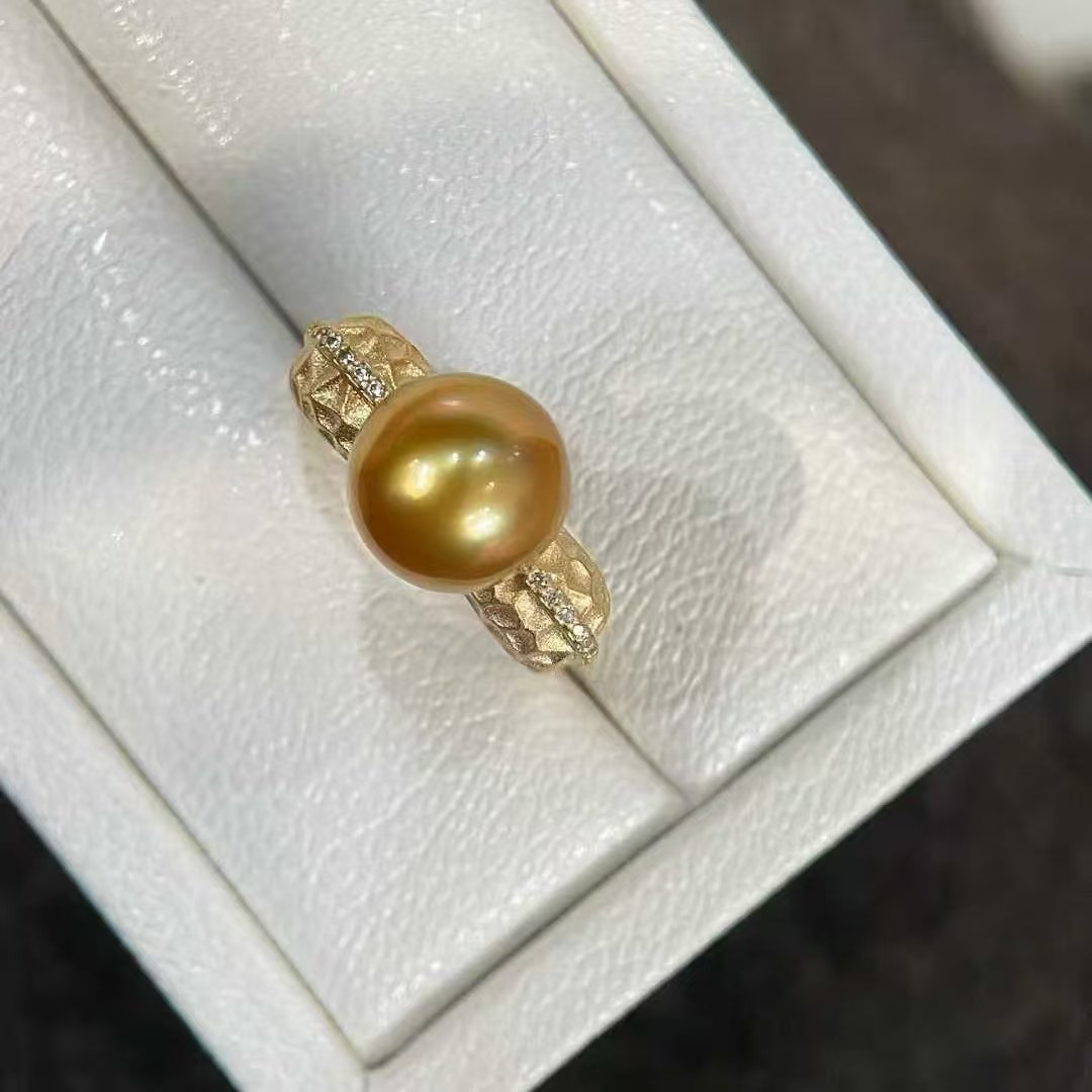 天然海水10-11mm浓郁色天然南洋金珠戒指 925银镶嵌 可调节圈口