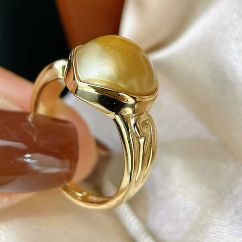 天然海水金珠爱心马贝戒指  漂亮的亮金色 一对一925纯银开模制作