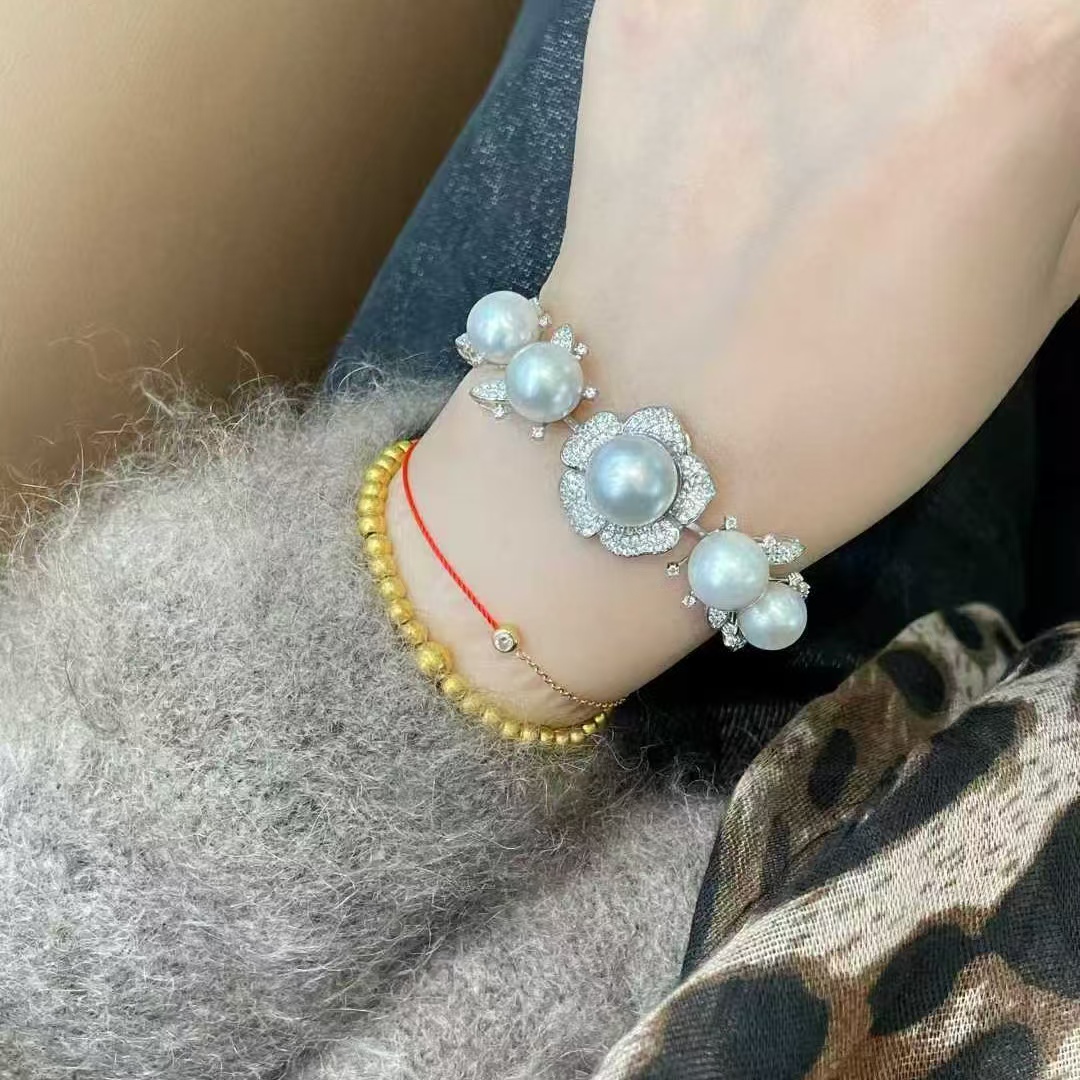 天然海水9-12mm澳白珍珠手链 近圆珠光好冷白细腻 925银精工配件