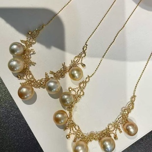 岁末清仓 天然海水8-10mm南洋金珠仙女蕾丝项链 显白显气质