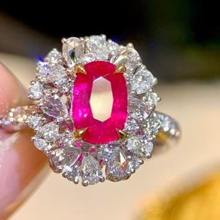 18K金钻石镶嵌 莫桑比克无烧鸽血红宝石戒指 主石1.1克拉 国际证