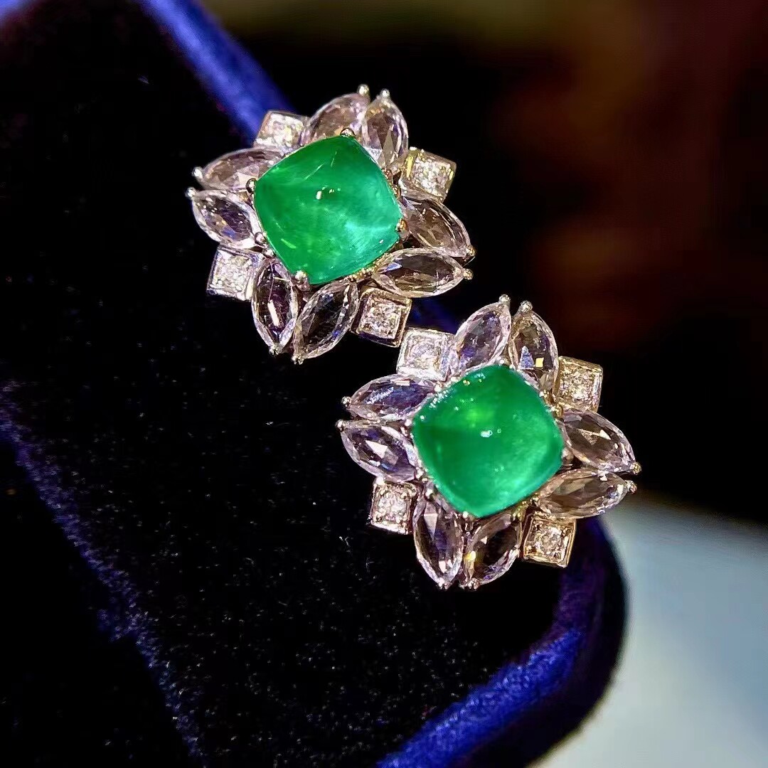 18k金钻石彩宝镶嵌 精美糖塔祖母绿耳钉 主石3.8克拉 高级珠宝感