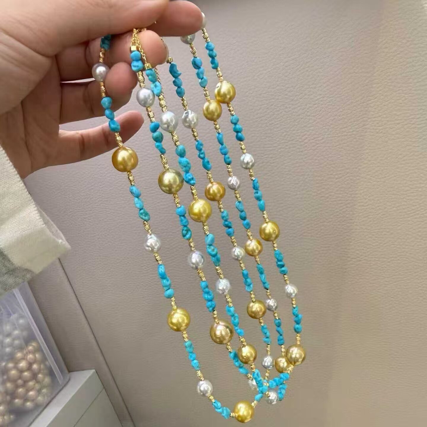 天然海水极光akoya+南洋金珠睡美人扎克里美松项链春日的靓丽配色