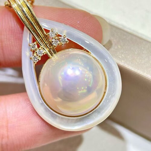 天然海水13 14mm粉泡泡马贝吊坠 18K金镶嵌古董珠宝即视感