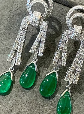 18K钻石镶嵌 高品质女神范祖母绿吊胆耳环 主石3.88克拉 优雅高级