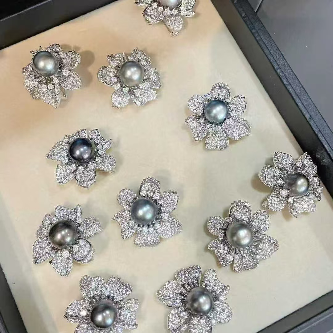 天然海水12-13mm大溪地珍珠戒指 颜色炫彩 精美花卉设计款