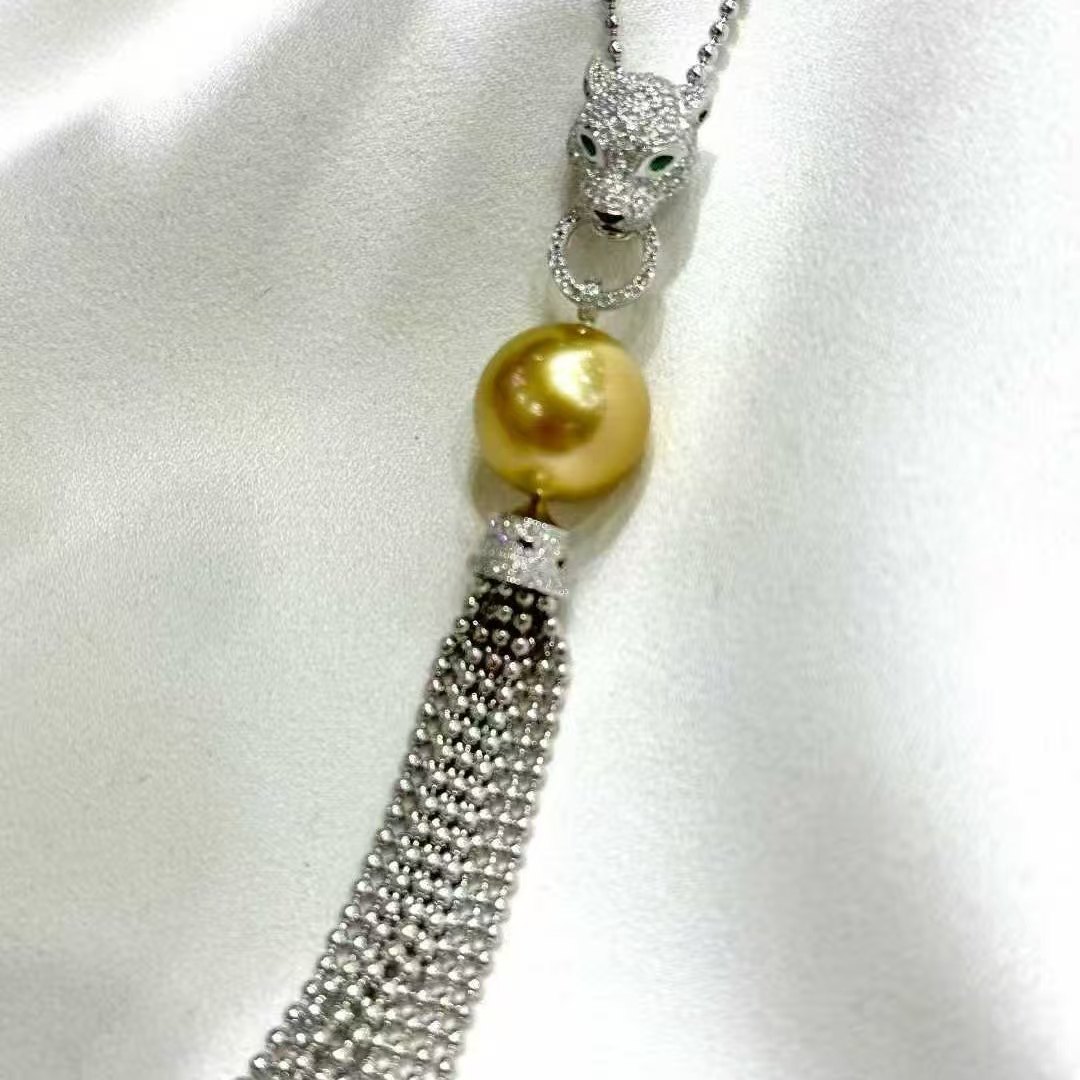 天然海水15-16mm极光大浓金珠吊坠 狂野而高级的满钻豹子流苏款式,珠宝/钻石/翡翠,颈饰,淘宝优惠券,粉丝福利购,淘宝优惠卷