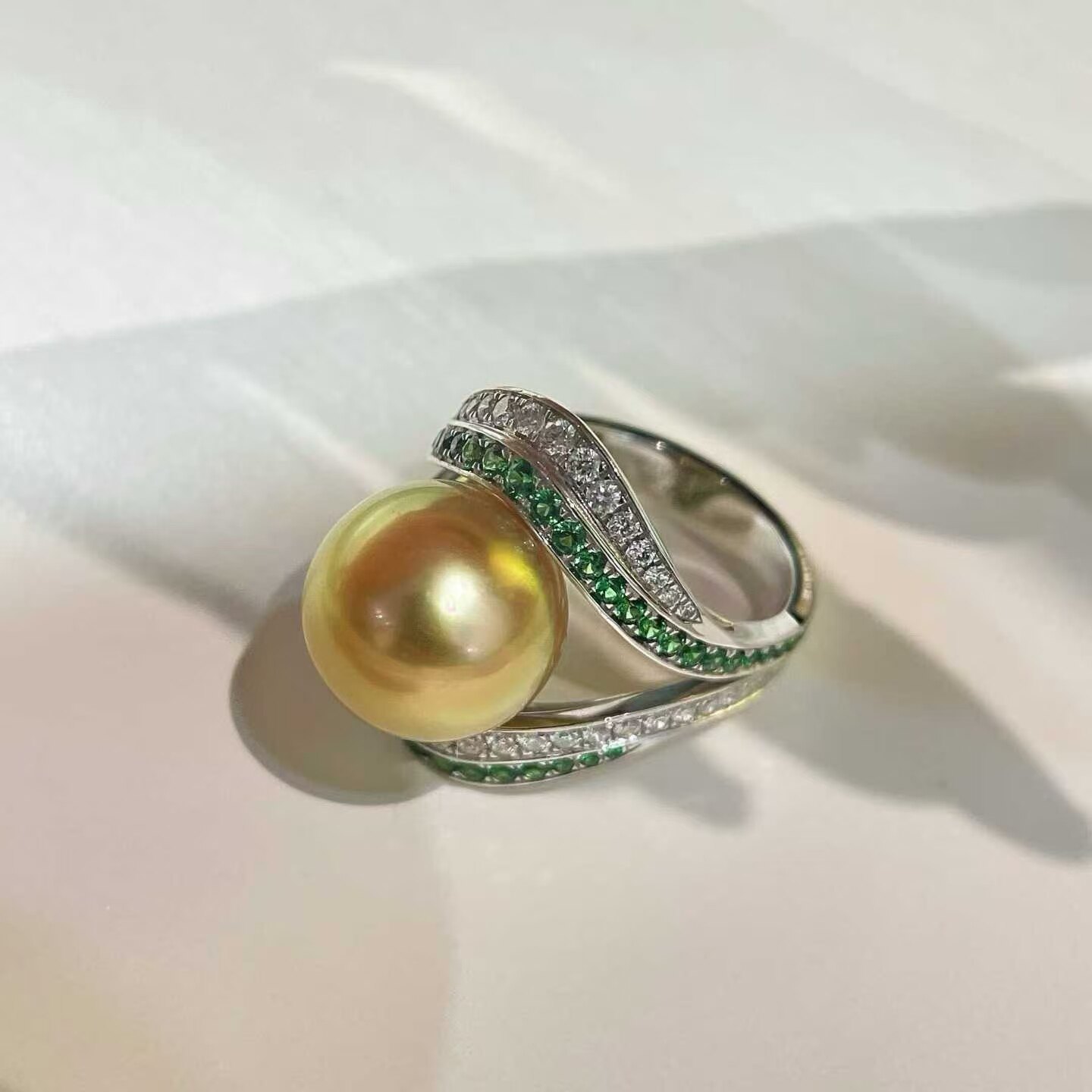 天然海水13mm南洋金珠戒指 正圆强光 自带冷艳贵气 18K金钻石彩宝