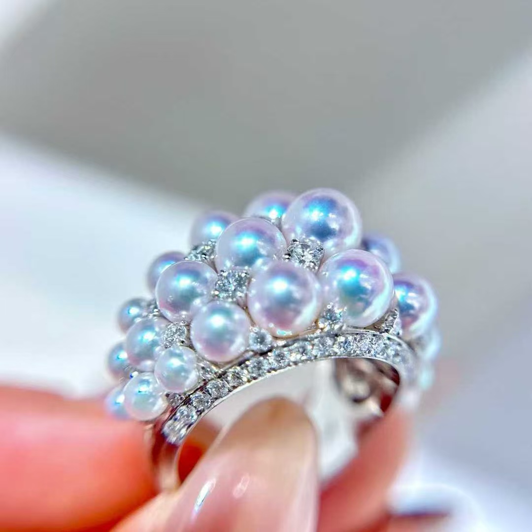 天然海水2.5-6.5mm多珠akoya珍珠戒指 炫彩光泽 18K金钻石镶嵌