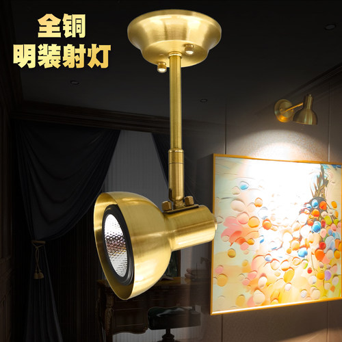 黄铜LED家用客厅轻奢玄关过道衣帽间纯铜长杆吸顶明装射灯天花灯