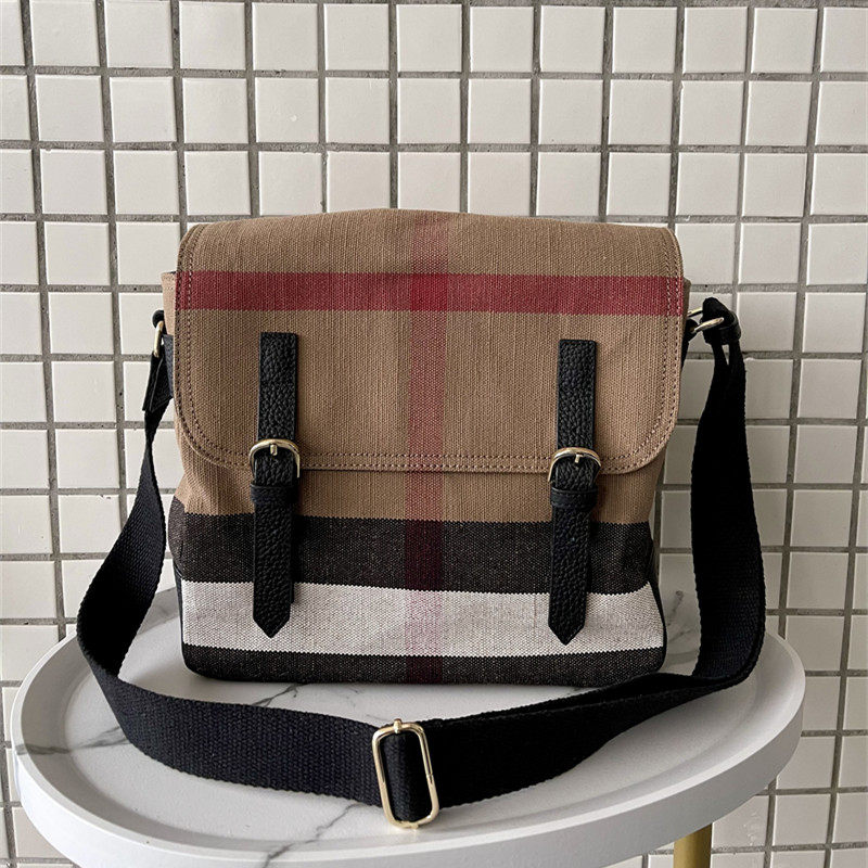 黄麻拼牛皮邮差包流行休闲百搭格子单肩通勤翻盖斜挎包学院风男女