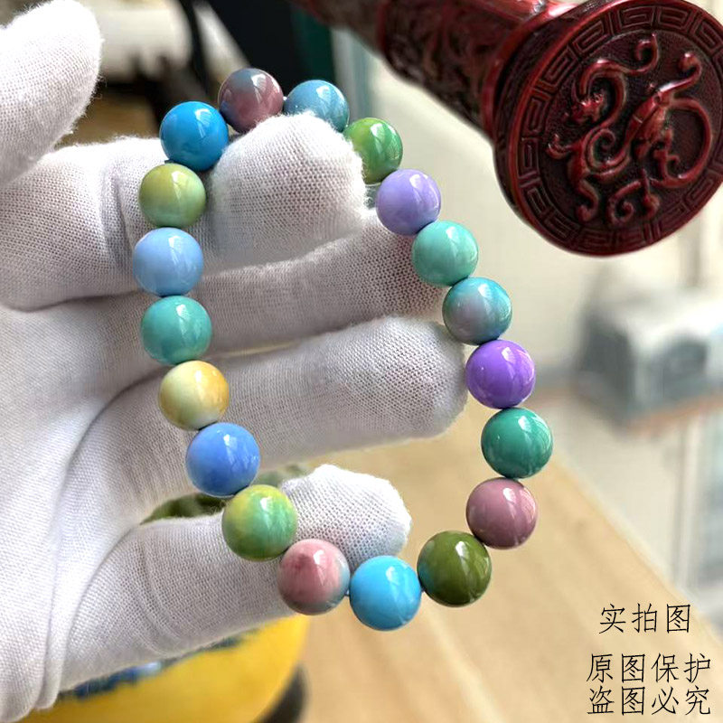 精美炫彩手串绿松石圆珠手串10mm多宝彩虹多彩单圈手链流行彩色串