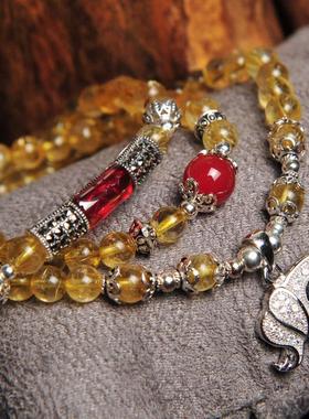 Desigual金发晶钛晶招财手链三圈黄水晶S925银小象饰品多圈手串女