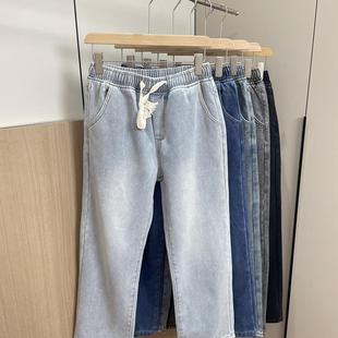日系简约!客供磨白水洗!秋冬男士外贸加绒松紧腰直筒休闲牛仔裤