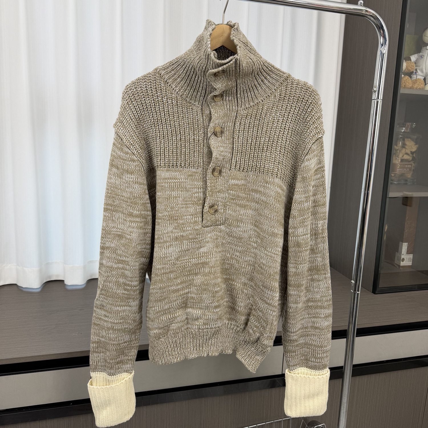 西班牙设计线！可翻高领！外贸男装秋冬撞色粗针麻花针织宽松毛衣