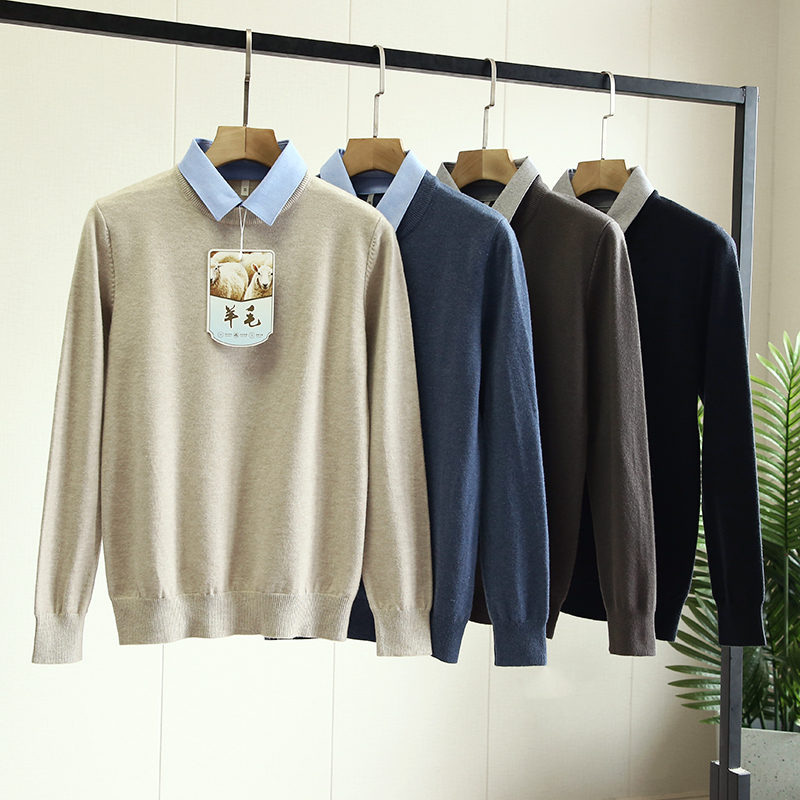 轻奢风！高端绵羊毛！秋冬男士外贸加绒加厚假两件衬衫领针织毛衣