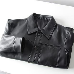 秋冬男士 明线设计 外贸真皮皮衣翻领夹克外套 高端时尚 进口羊皮
