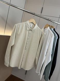 清爽透气 衬衫 秋季 外贸纯色简约百搭休闲翻领长袖 男士 高端棉麻