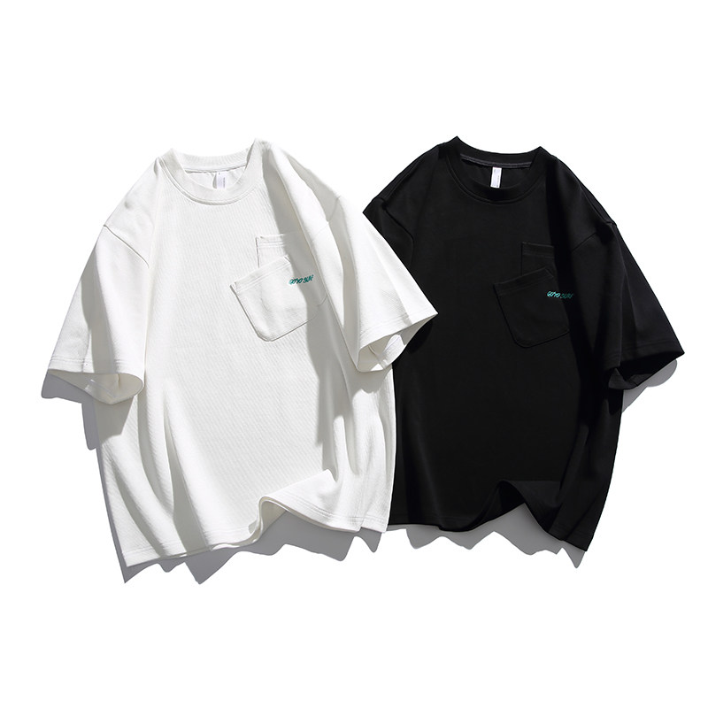 重磅300g！精美刺绣短袖!夏季外贸男士宽松纯色半袖t恤纯棉口袋潮