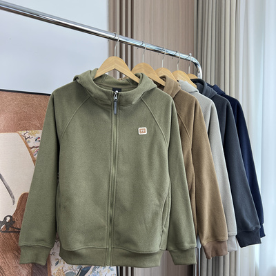 性价比高！加绒加厚！外贸男装秋冬纯色百搭连帽休闲外套开衫卫衣