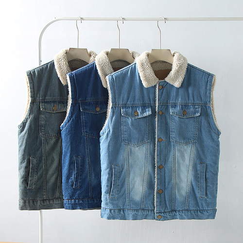 加绒保暖休闲翻领牛仔马甲