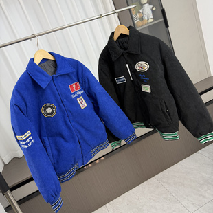 冬季 外贸男装 加厚保暖翻领灯芯绒棉服外套 刺绣补丁饰 设计师线