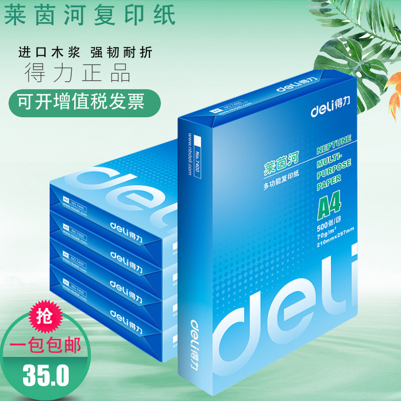 得力莱茵河复印纸A4纸打印纸500张5包8包1箱包邮白纸70克80G单包