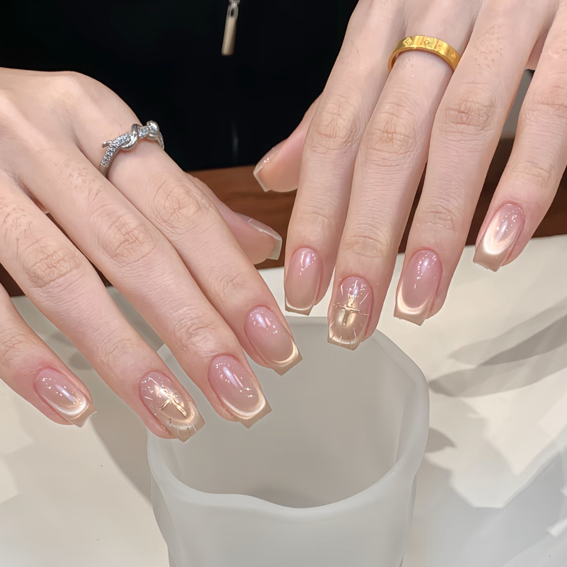 纯手工神谕圣光法式玻璃珠美甲高级感穿戴甲中长款2025新款