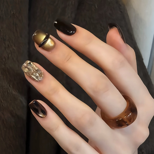 手工秋冬复古显白金光贵气猫眼豹纹美甲高级感穿戴甲短款2025新款