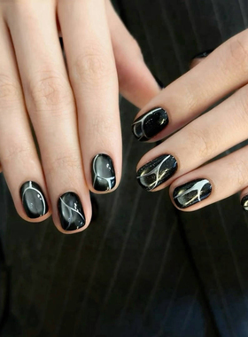 手工黑色极简风金属线条玻璃珠猫眼穿戴甲2025新款小众高级感美甲